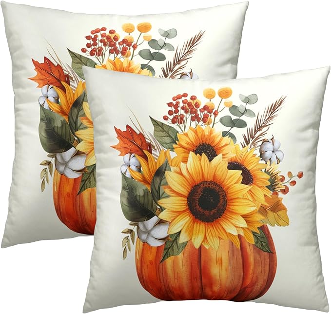 Fall Throw Pillow Covers 16x16 Set of 2, Pumpkin Sunflower Leaves Autumn Season Farmhouse Decorative Pillow Cases for Sofa Bed Couch Harvest Thanksgiving Day Outdoor Home Decor