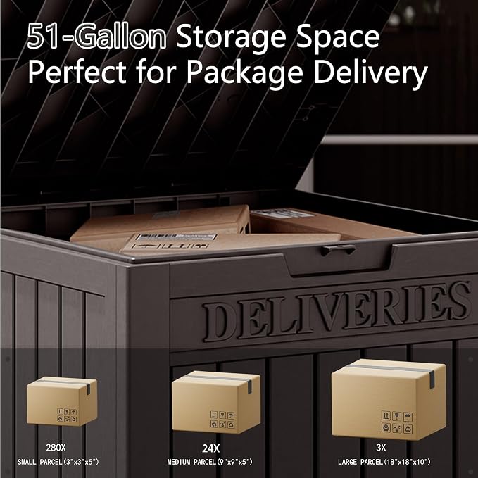 NUNU LAB Package Delivery Box for Outside, 51 Gallon Storage Deck Box with Lockable Secure, Waterproof Large Resin Drop Boxes for Porch