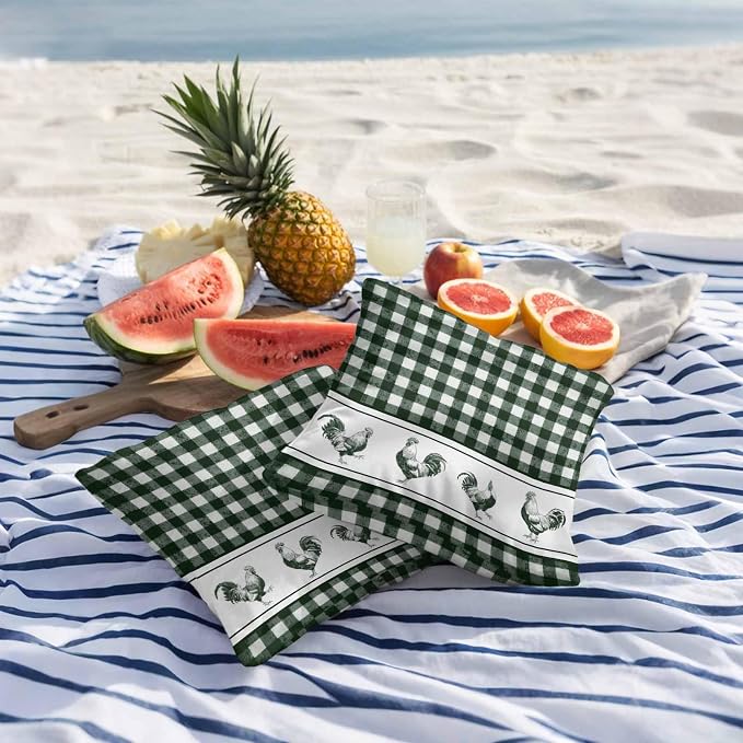 Outdoor Waterproof Throw Pillow Covers Set of 2 Chicken Cock Rooster Pillowcases 18x18 Inches Farmhouse Animal Green Buffalo Plaid Decorative Pillows Cushion Case Patio Pillows for Couch Bed Chair