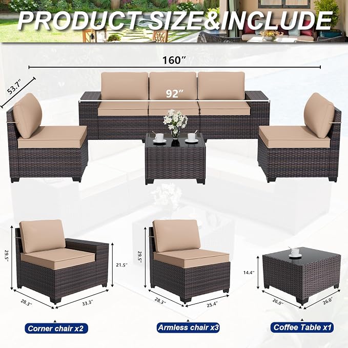 ALAULM 6 Pieces Patio Furniture Set, Oversized Seat/Armrest and High Back Wicker Sectional Furniture Set with Thick Cushion for Backyard, Garden, Sand
