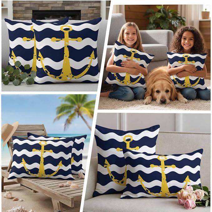 Navy Blue Outdoor Pillow Covers Set of 2 Wave Stripes Yellow Nautical Anchor Waterproof Throw Pillow Cover Decorative Cushion Cases for Patio Porch Garden 26X26 Inch
