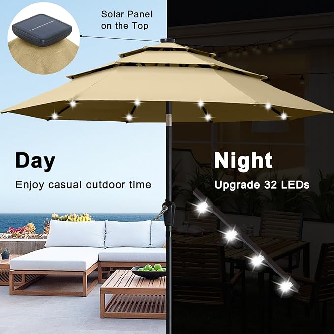 ABCCANOPY 3-Tiers 9FT Solar Patio Umbrella, Outdoor Umbrella with 32 LED Lights for for Pool, Garden, Backyard (Soft Khaki)