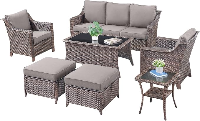 Patio Furniture Set-7 Pieces Outdoor All-Weather Wicker Conversation Set Outdoor Rattan Sofa Couch with Patio Chairs Ottomans for Porch Garden Backyard Poolside-Brown/Grey