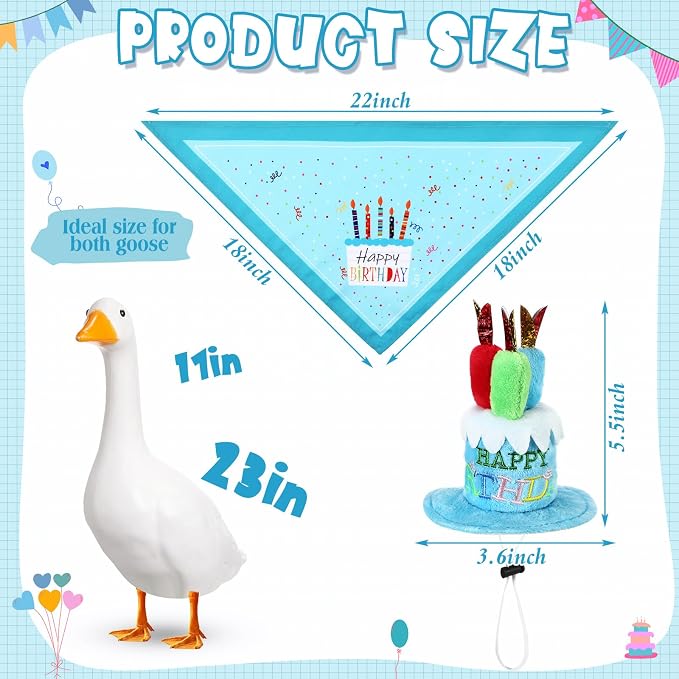 Dansydaisy Happy Birthday Goose Outfit Porch Goose Outfits with Happy Birthday Cake Hat and Bandana Yard Geese Outfits for 23" 17" Cement Plastic Geese Duck Decorations(Style 2,Blue)