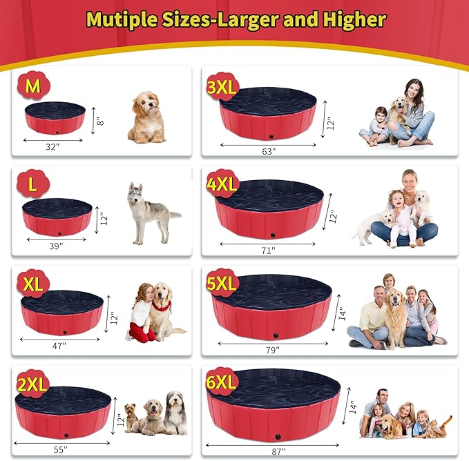 CACSPS Foldable Dog Pool, 87" x 14" Large Kiddie Pool with Hard Plastic, Non-Slip Dog Bath Tub for Outdoor Backyard, Collapsible Dog Swimming Pool for Kids Dogs Pets (Red)