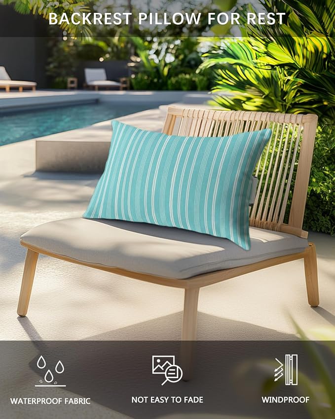Pack of 4 Outdoor Lumbar Pillow Covers 12x20 Inch, Teal Blue Striped Waterproof Throw Pillow Covers Set, Farmhouse Stripes Modern Vintage Indoor&Outdoor Decorative Cushion Cases for Patio Porch Car