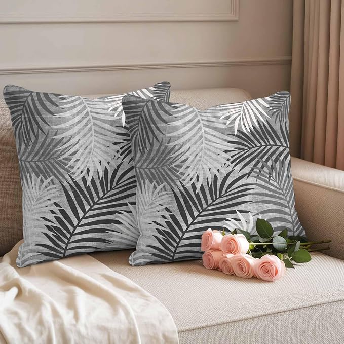Outdoor Waterproof Throw Pillow Covers, Grey Palm Leaves Decorative Pillow Cases, Summer Botanical Tropical Leaf Couch Pillow Protector Patio Sofa Cushion Covers Replacement 24"x24" 2 Pack