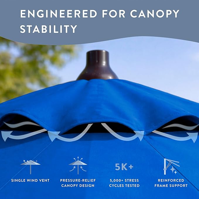 California Umbrella 12-Year Protection 9-Ft Outdoor Patio Umbrella, Sunbrella Fade-Resistant Fabric, Auto-Tilt, Heavy Duty Aluminum Frame, 8 Reinforced Ribs for Pool or Deck, Bronze Pole, Pacific Blue