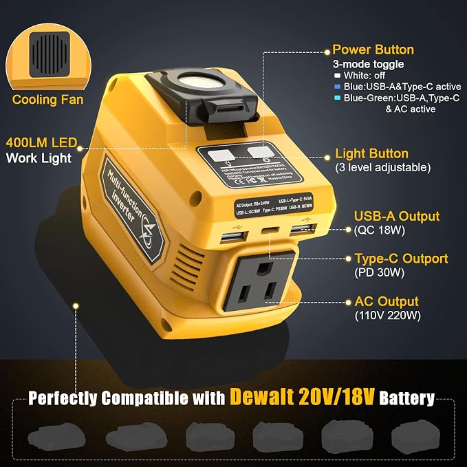 2 Packs 220W Power Inverter Compatible with Dewalt 20V Battery (Battery Not Included), DC 20V to AC 110V Portable Power Station, 400LM LED Light, 1 AC Outlet, 2 USB & 1 Type‑C Fast Charging