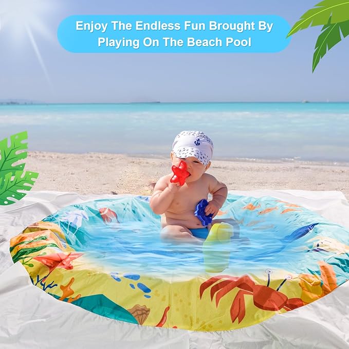 6.5 X 6.5Ft Baby Beach Pool, 2 in 1 Square Portable Cartoon Ocean Theme Toddler Beach Puddle, Waterproof Sandproof Cute Toddler Paddling Pool Beach Blanket with Carrying Bag for Boys Girls