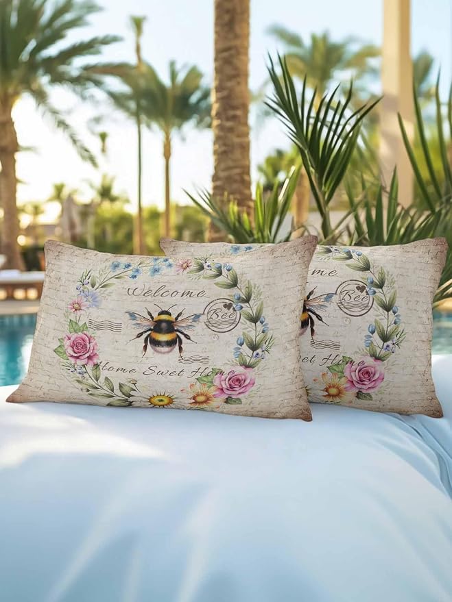 Outdoor Waterproof Throw Pillows Farmhouse Flower Leaf Wreath Patio Pillows Pack of 2,Decorative Pillow Covers with Insert,Pillow Cushion Case for Garden Couch Sofa Rustic Bee Retro Letter