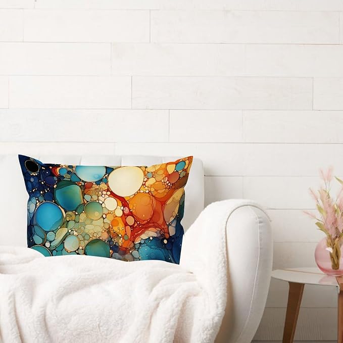 Ink Rainbow Shapes with Gold Rectangular Cushion Cover Abstract Alcohol Ink Textures Throw Pillow Cover Modern Outdoor Garden Decoration for for Farmhouse Sofa Couch Bed Car 12x20in