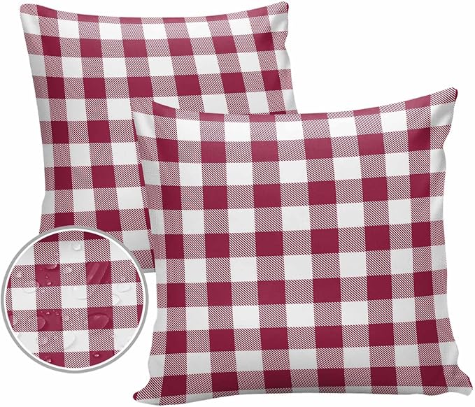 Outdoor Waterproof Throw Pillow Covers Set of 2 Wine Red Buffalo Check Plaid Pillowcases 18x18 Inches Farmhouse Style Patio Decorative Pillows Cushion Case Patio Pillows for Couch Bed Chair Garden