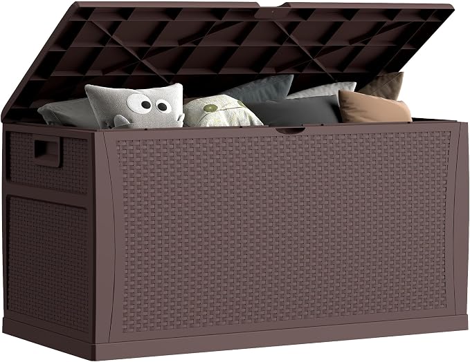 EHHLY 100 Gallon Outdoor Storage Box, Lockable Waterproof Package Delivery Boxes for Outside, Resin Outdoor Storage Deck Box for Garden Tools, Cushions, Pool Supplies, Indoor Outdoor Accessories