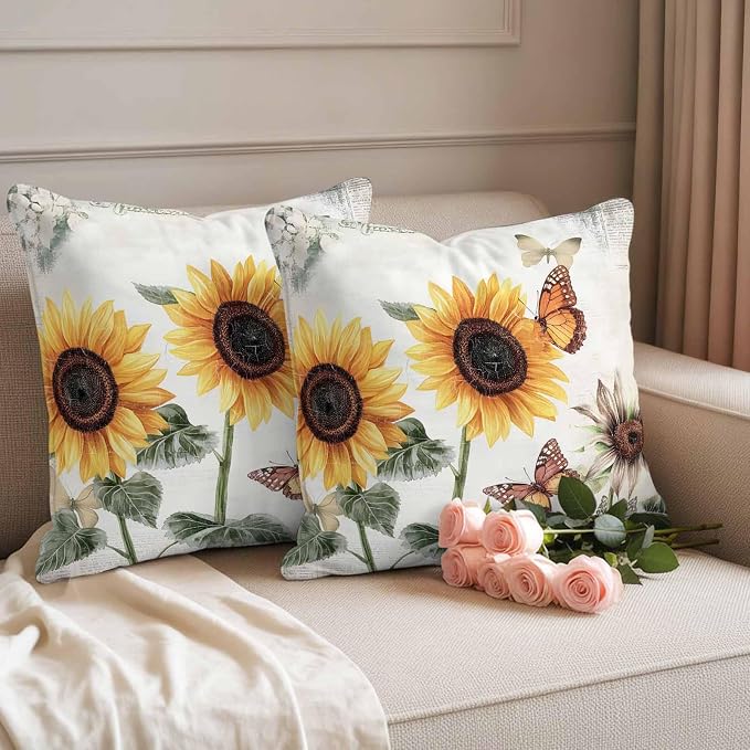 Sunflower Outdoor Waterproof Throw Pillow Covers Set of 2, 26"x26", Farmhouse Rustic Retro Summer Floral Butterfly Decorative Pillow Covers Outside Cushion Case for Patio Porch Garden