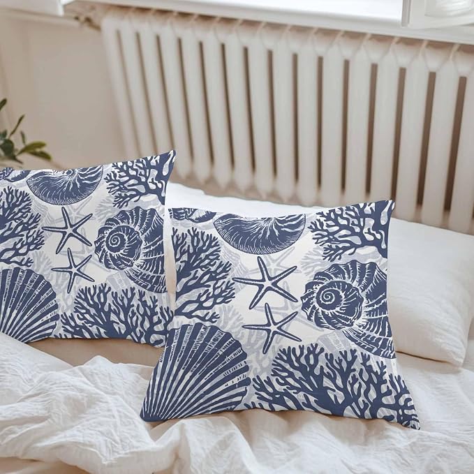 Outdoor Pillow Covers 18x18 Inch Set of 2, Navy Blue Coastal Waterproof Throw Pillow Covers, Beach Starfish Nautical Coral Shell Summer Decorative Cushion Pillowcases for Couch Sofa Bed Garden Patio