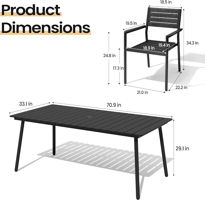 7-Piece Outdoor Dining Set for 6 Person with Black Wood-Grain Top | Armrest Stackable Chairs with 19.4" Seat Depth, Aluminum Frame Dining Furniture with Umbrella Hole for Deck, Porch & Backyard