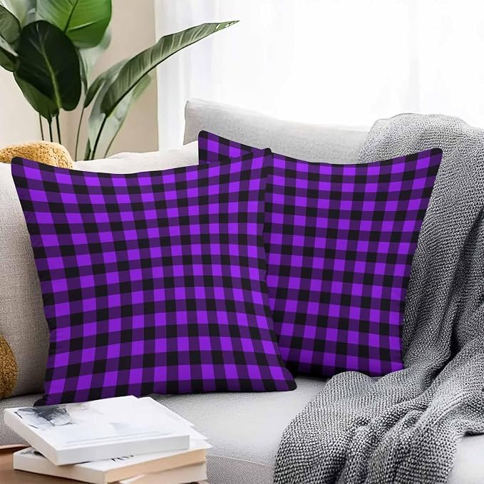 Outdoor Waterproof Throw Pillow Covers Set of 2 Purple Buffalo Plaid Pillowcases 16x16 Inches Pastoral Black Checked Decorative Pillows Cushion Case Patio Pillows for Couch Bed Chair Garden