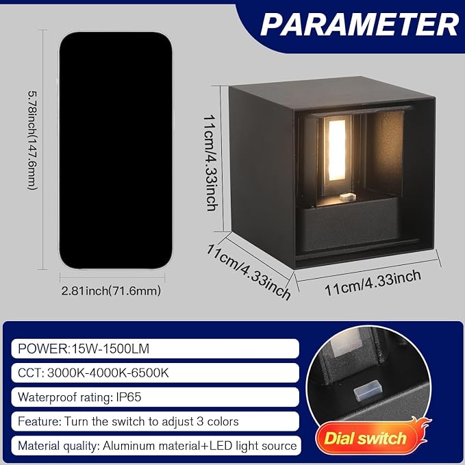 15W 3CCT Adjustable Up and Down LED Wall Sconce 2 Pack | Black IP65 waterproof ETL certified 1300LM Exterior/Interior Lighting Fixtures for porches & patios