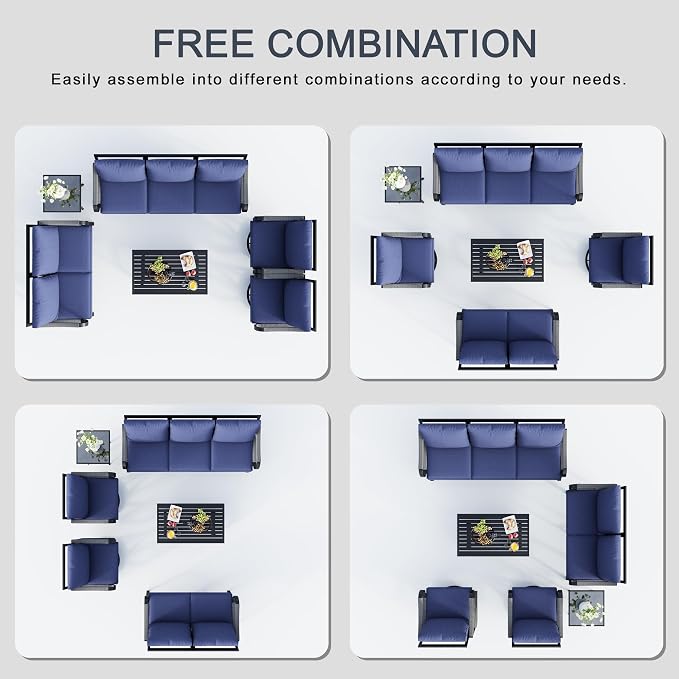 6 Pieces Patio Furniture Set, Metal Outdoor Conversation Sets with Swivel Chairs, Modern Couch Sofa Seating Group with Coffee Table and Side Table (Thick Blue Cushions)