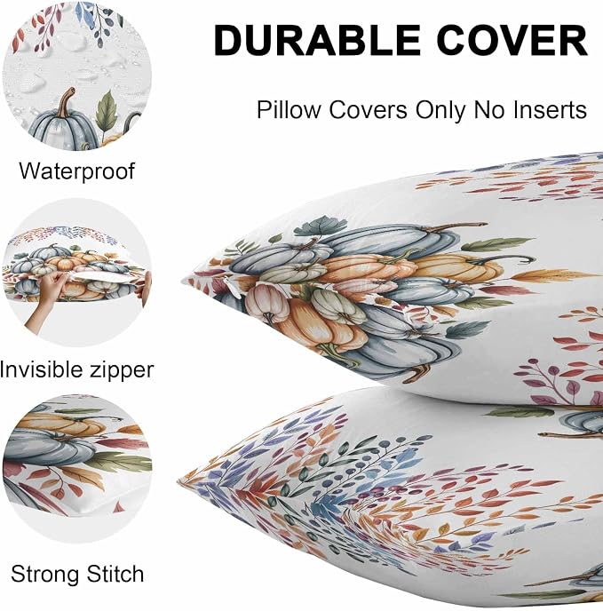 Orange Fall Pumpkins Outdoor Waterproof Pillow Covers, Eucalyptus Leaves Country Farmhouse Decorative Rectangle Throw Pillowcase Sofa Cushion Sham for Patio/Couch/Chair, 20"x12" 2 Pack