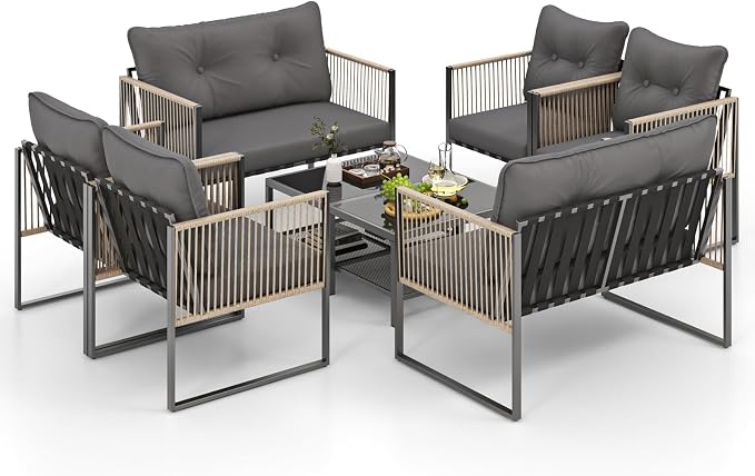 Tangkula 8 Pieces Patio Furniture Set, Outdoor PE Rattan Conversation Sofa Set with Thick Cushions and 2-Tier Tempered Glass Coffee Table for Garden, Porch, Balcony and Backyard