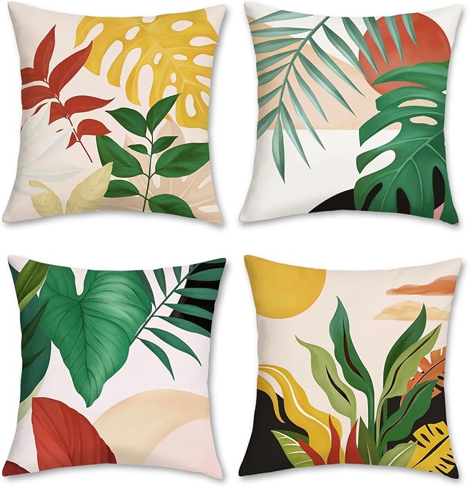 Bonhause Tropical Leaves Throw Pillow Covers 18x18 Set of 4 Summer Palm Leaf Sunset Decorative Pillows Case Soft Velvet Cushion Covers for Outdoor Couch Sofa Patio Decor