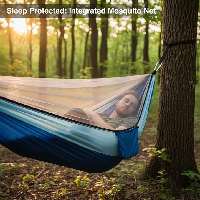 YSUEFIJO Travel Hammock with Mosquito Net, Hanging Hammock for Outdoor Adventures, Camping Hammock Perfect for Backpacking Or Patio, Foldable and Lightweight, Supports 250kg