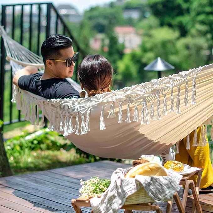 Canvas Hammock, 2 Person Foldable Hanging Swing Hammock with Tassels for Beach Yard Bedroom Patio (White)