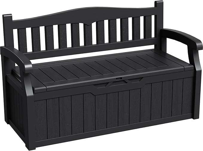 Greesum 80 Gallon Deck Box Storage Bench, Patio Furniture, Lockable, Waterproof and UV Resistant,with Armrest, Suitable for Garden, Porch, Poolside, Dark Black