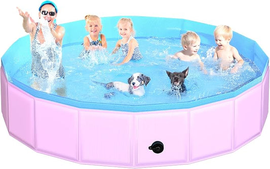 CACSPS 2025 Updated Foldable Dog Pool, 97" x 12" Kiddie Pool with Hard Plastic, Non-Slip Dog Bath Tub for Outdoor Backyard, Collapsible Dog Swimming Pool for Kids Dogs Pets (Pink)