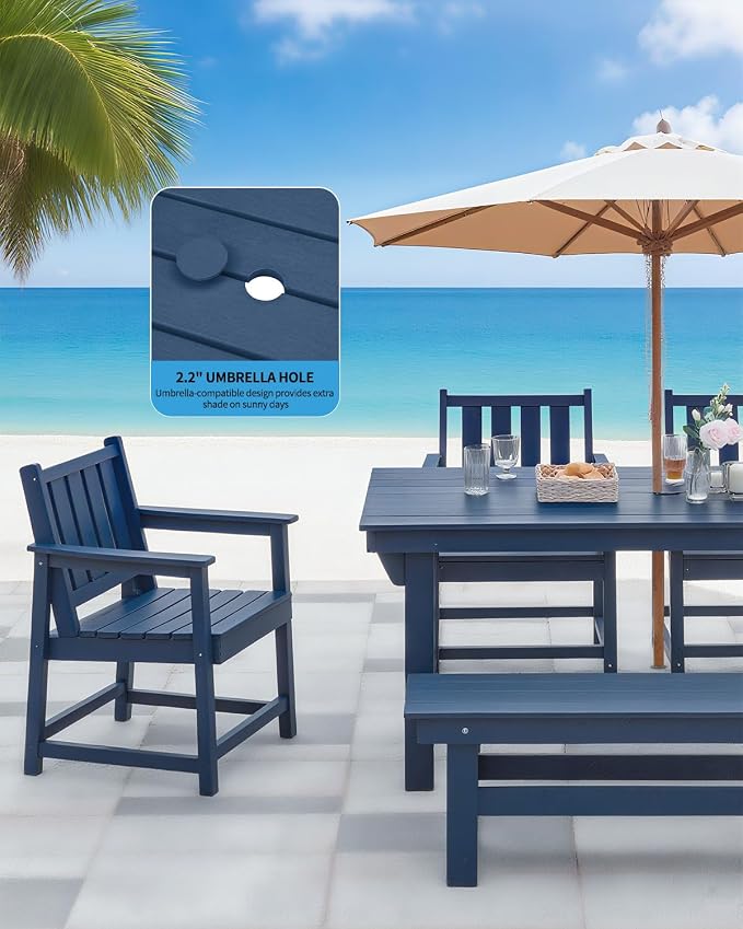 Outdoor Patio Dining Set for 6, HDPE Dining Furniture Set with Umbrella Hole Cut-Out Table and 4 Chairs and 1 Bench, All Weather Outdoor Dining Bench Sets for Garden, Deck, Navy Blue