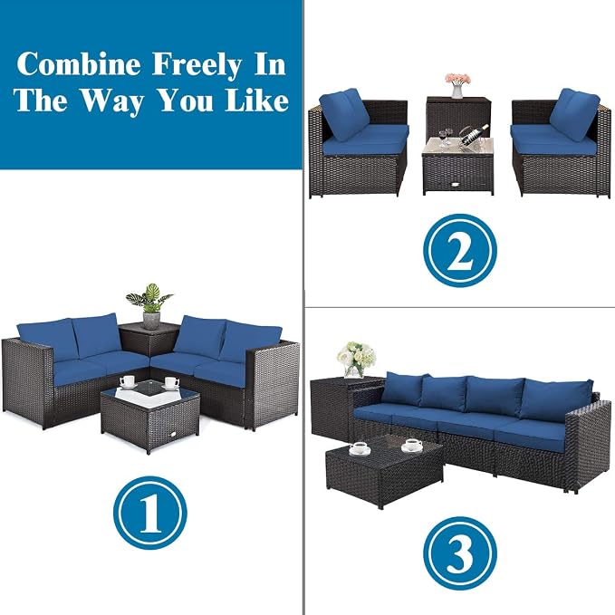 Tangkula 4 Piece Wicker Patio Set with Storage, All Weather-Proof Outdoor Conversation Set, with Loveseat, Coffee Table & Storage Box, Suitable for Garden, Poolside, Sunroom (1, Navy Blue)
