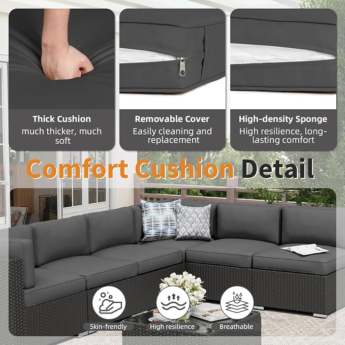 Oakcloud 7-Piece Outdoor Patio Furniture Black Rattan Wicker Sectional Sofa Conversation Set with Glass Top Table and Cushions (Grey)