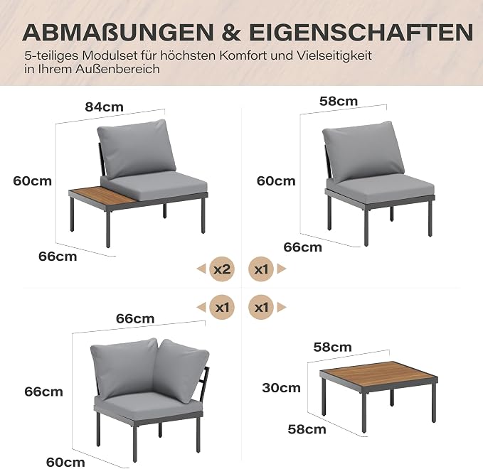 LAUSAINT HOME L-Shaped Outdoor Furniture Set, 5 Pieces PE Rattan Patio Conversation Set, Rustproof Steel Sectional Sofa with Thickened Cushions & Coffee Table for Patio, Garden, Poolside and Balcony