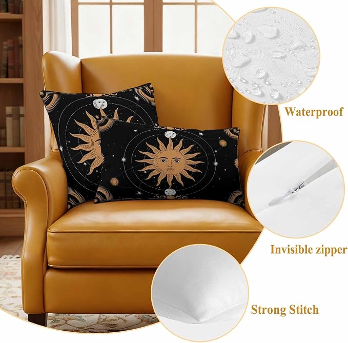 Celestial Sun and Moon Waterproof Outdoor Pillow Covers Set of 2 Home Decor, Black Sky Gold Star Boho Pillowcase Patio Pillow Covers for Couch Bench Patio Furniture Garden 26x26in