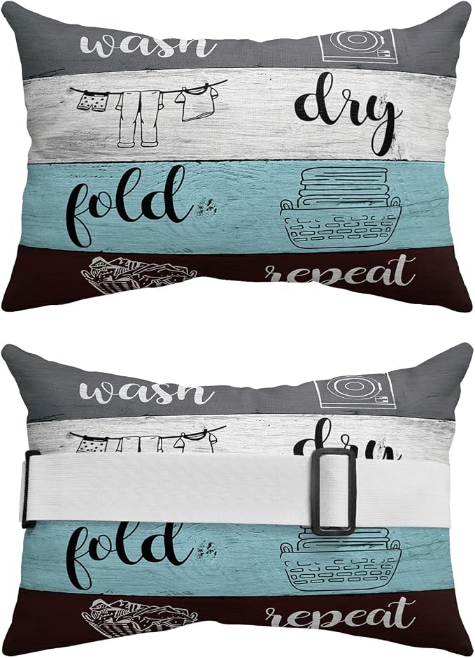 Outdoor Pillows Covers with Inserts Laundry Rules Retro Blue White Wood Board Grain Waterproof Pillow with Adjustable Strap Throw Pillows for Patio Furniture Recliner Lounge Chair, 11x16 inch, 2PCS