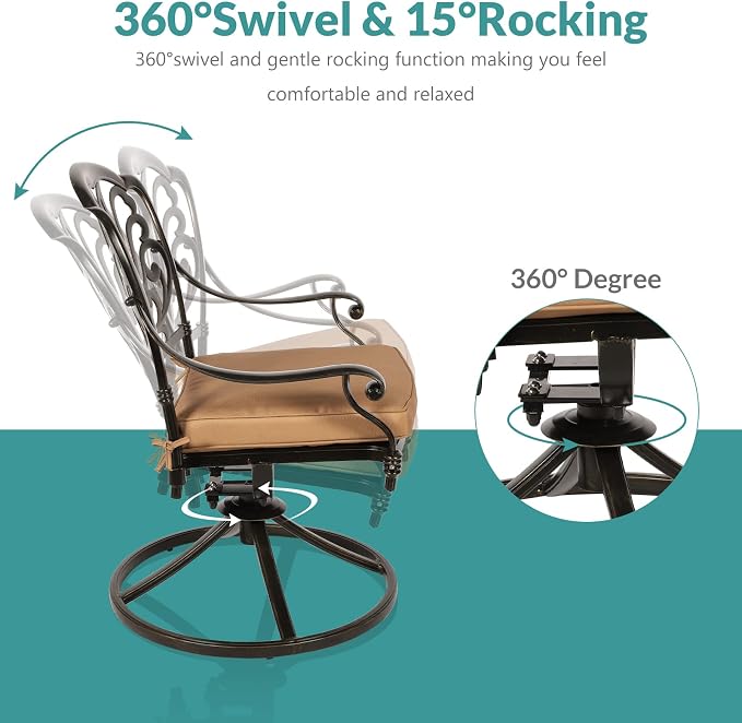 MEETWARM 3-Piece Outdoor Patio Dining Set, All-Weather Cast Aluminum Patio Conversation Set for Backyard Garden Deck with 2 Cushions Swivel Rocker Chairs and 31" Round Table, 2.2" Umbrella Hole