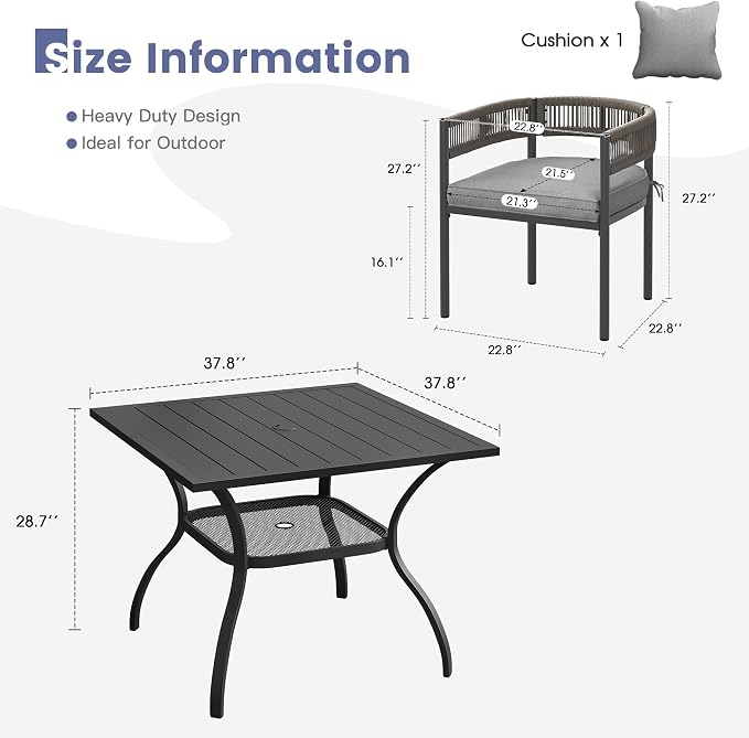 VICLLAX Patio Dining Set, 37.8" Black Table & 4 Chairs with Grey Cushion | Outdoor Table and Chairs Set of Square Metal Patio Table, Outdoor Dining Chairs with Metal Frame, Garden Deck Porch