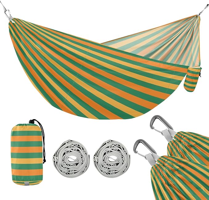 Camping Hammock Outdoor Hammocks for Outside Green Orange Stripe Beach Trees Portable Lightweight with Pockets Tree Straps Indoor