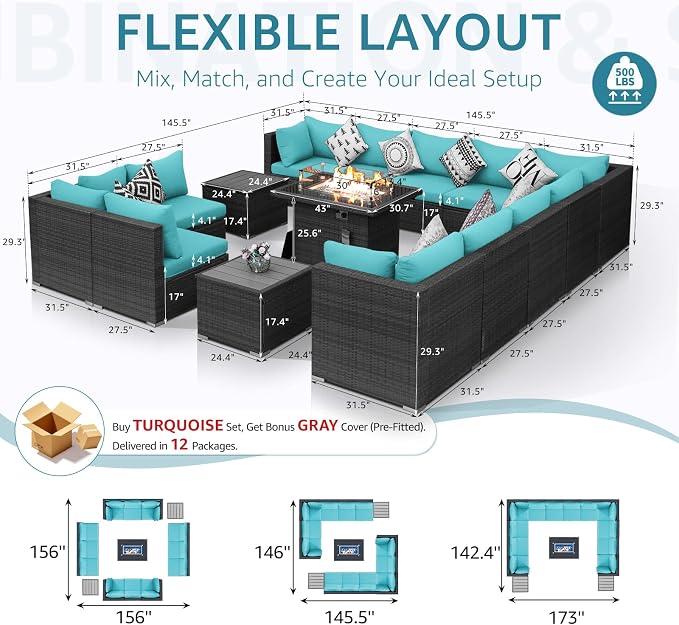NICESOUL 15 Piece Outdoor Patio Furniture Set with Fire Pit, Extra Large Wide Outdoor Deep Seated Sectional, Cozy 29.3'' High-Back Modular Couch, 500 Lbs High Weight Capacity Wicker Sofa, Gray & Teal