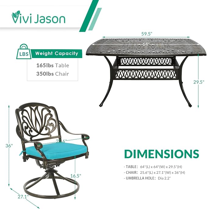 VIVIJASON 9-Piece Outdoor Furniture Dining Set for 8, All-Weather Cast Aluminum Patio Table and Chairs Set with 8 Swivel Rocker Chairs, 64" Large Square Dining Table with Umbrella Hole, Ocean Blue