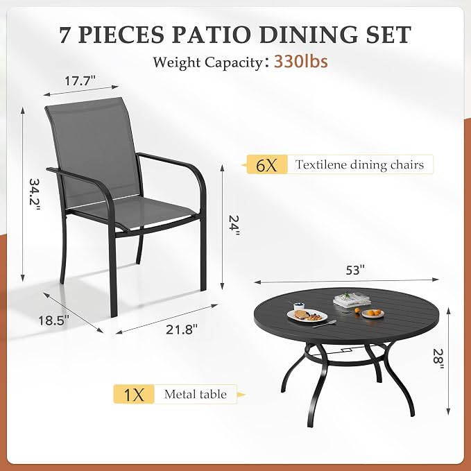 7-Piece Patio Dining Set,6 Person Outdoor Table and Chairs Set, 6 Metal Dining Chairs and Round Outdoor Table with 1.57" Umbrella Hole,Grey