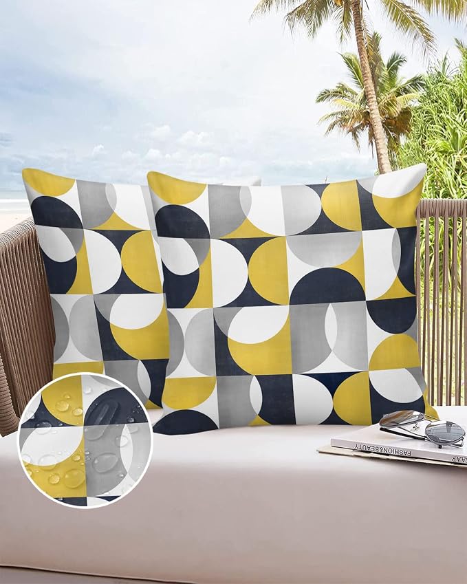 Vandarllin Outdoor Throw Pillows Covers 26x26 inch Set of 2 Waterproof Mid Century Geometric Decorative Zippered Cushion Covers for Patio Furniture, Abstract Modern Yellow Lumbar Pillowcases