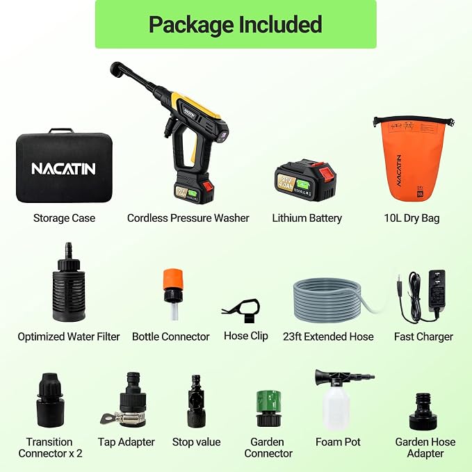 Cordless Washer, 9 Gear Brushless Washer for Car Washing, Patio, Fence, Driveway, Outdoor Cleaning， with 1 Battery, 6 in 1 Nozzle, 6 Meter Hose, Tap Adapter