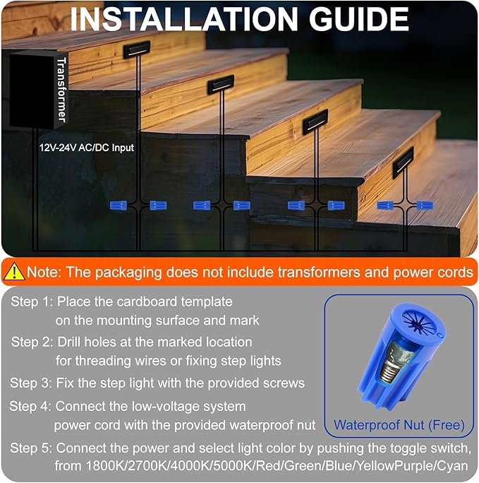Outdoor Step Lights, 5W 12V Landscape LED RGB Color Changing Outdoor Low Voltage Deck Step Stair Lights Wired for Railing Fence Retaining Wall Christmas Decorations, Heavy Duty, Black, 6PK