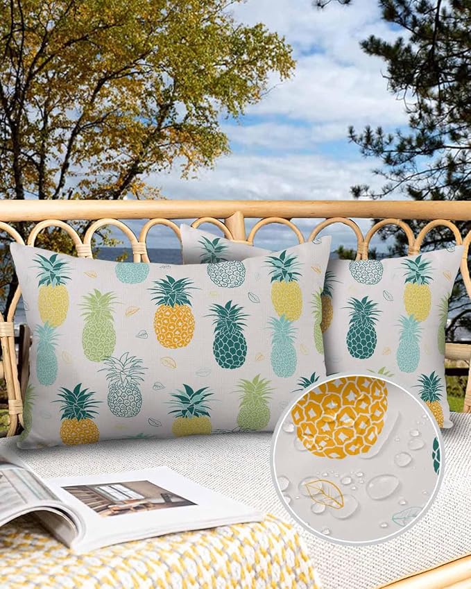 Outdoor Waterproof Pillow Covers for Patio Furniture Pineapple Decorative Throw Pillow Cover Summer Tropical Fruit Pillowcases Set of 2 Cushion Case for Sofa Couch Chair Home Decor 20x12 inch