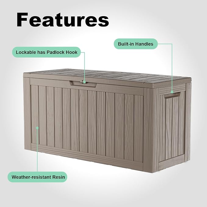 ROJIK Outdoor Storage Housing Deck Box - Waterproof Patio Furniture, Garden Tools, Cushions, Pool Accessories Storage Bench with Lockable Lid and Side Handles (Grey, 80 Gal)
