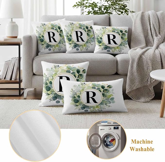 Letter R Waterproof Outdoor Pillow Covers Set of 2 Home Decor, Alphabet Green Eucalyptus Leaves Pillowcase Patio Pillow Covers for Couch Bench Patio Furniture Garden 26x26in