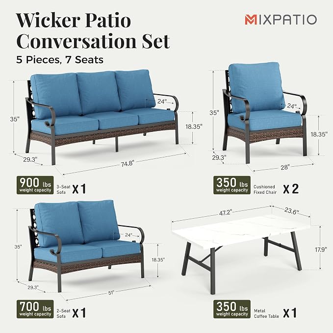 MIXPATIO Patio Furniture Set with Coffee Table, Outdoor Conversation Set with 2 x Fixed Chairs, 1 x 2-Seat Sofa, 1 x 3-Seat Sofa for Lawn Garden Backyard, Navy Blue